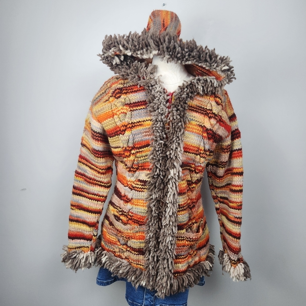 Handknit Wool Hooded Sweater Jacket Fringe Trim Phoebe Buffay Style Vibes Size M - Picture 3 of 13